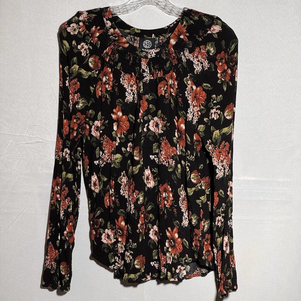 Bobeau XL Black Floral Button Front Blouse Long Sleeve Boho Peasant Top Casual